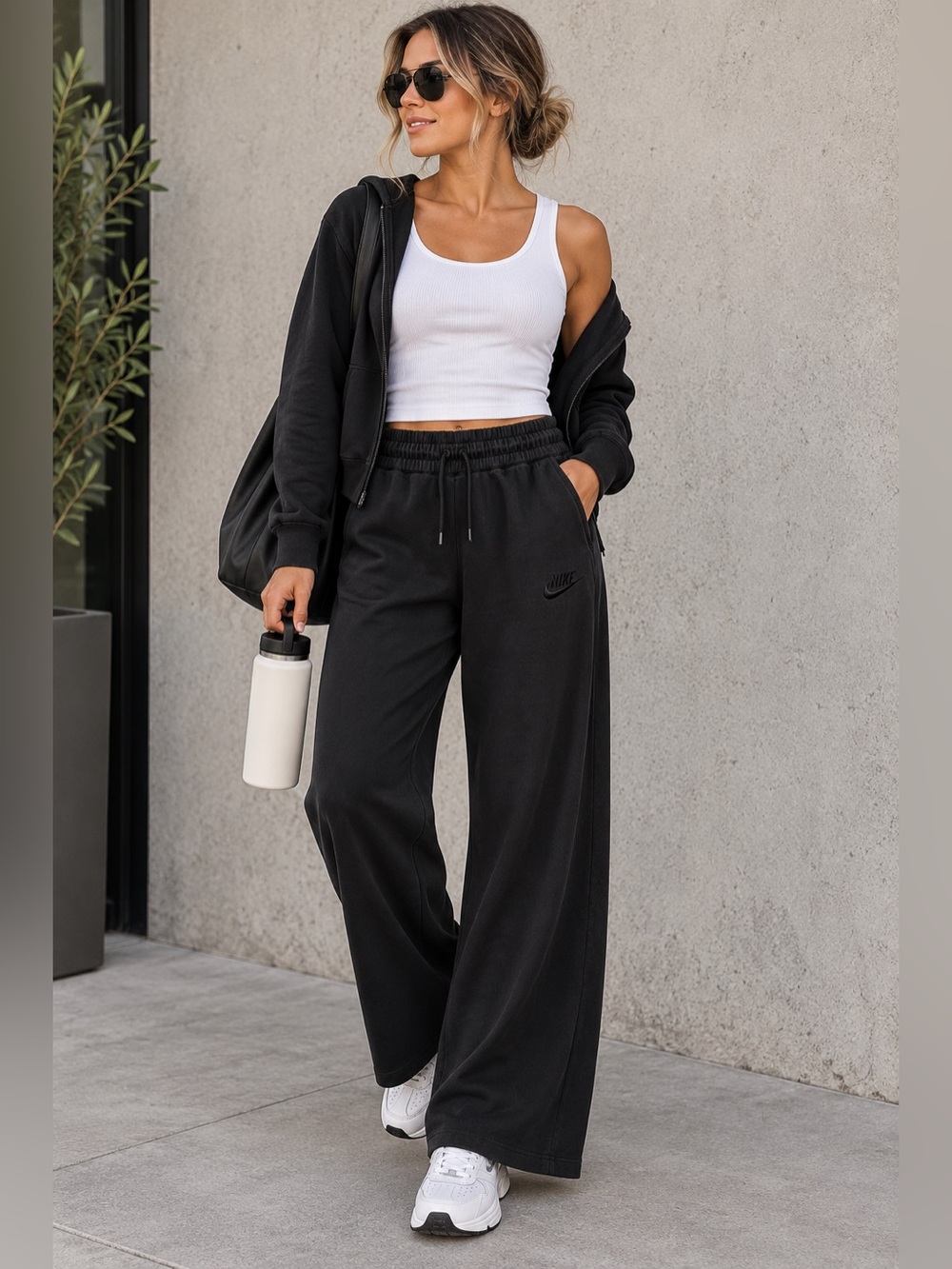 Nike Black Jersey Knit Wide Leg Pull On Athleisure Lounge Travel Pants